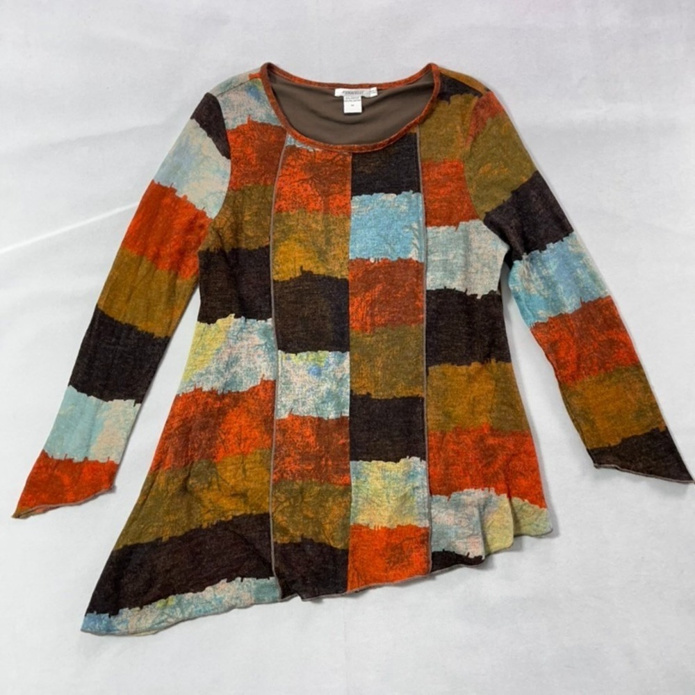Feratelli Patchwork Knit Top Women‎ Medium Orange Brown Bohemian Hippie Pullover